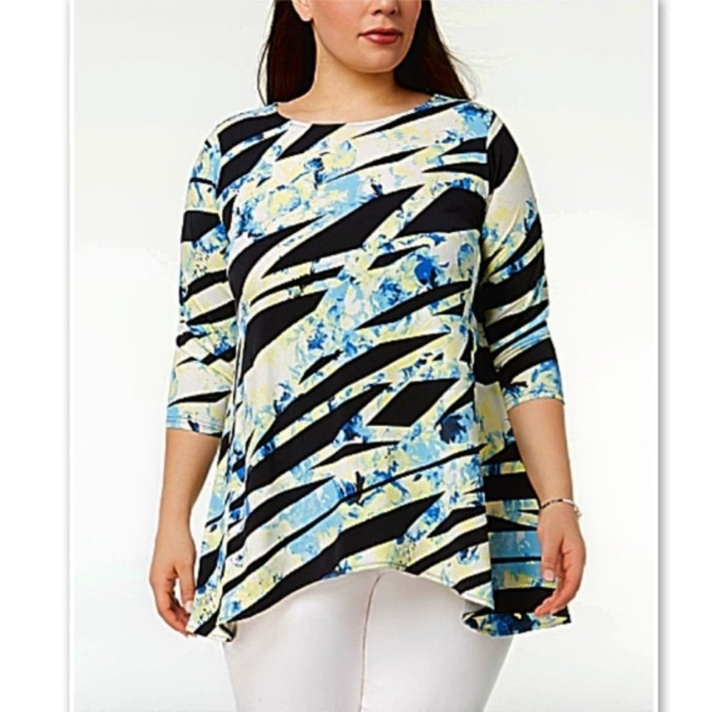 Alfani Womens Blouse Black Ribbon Printed Swing Top Blouse size P Petite